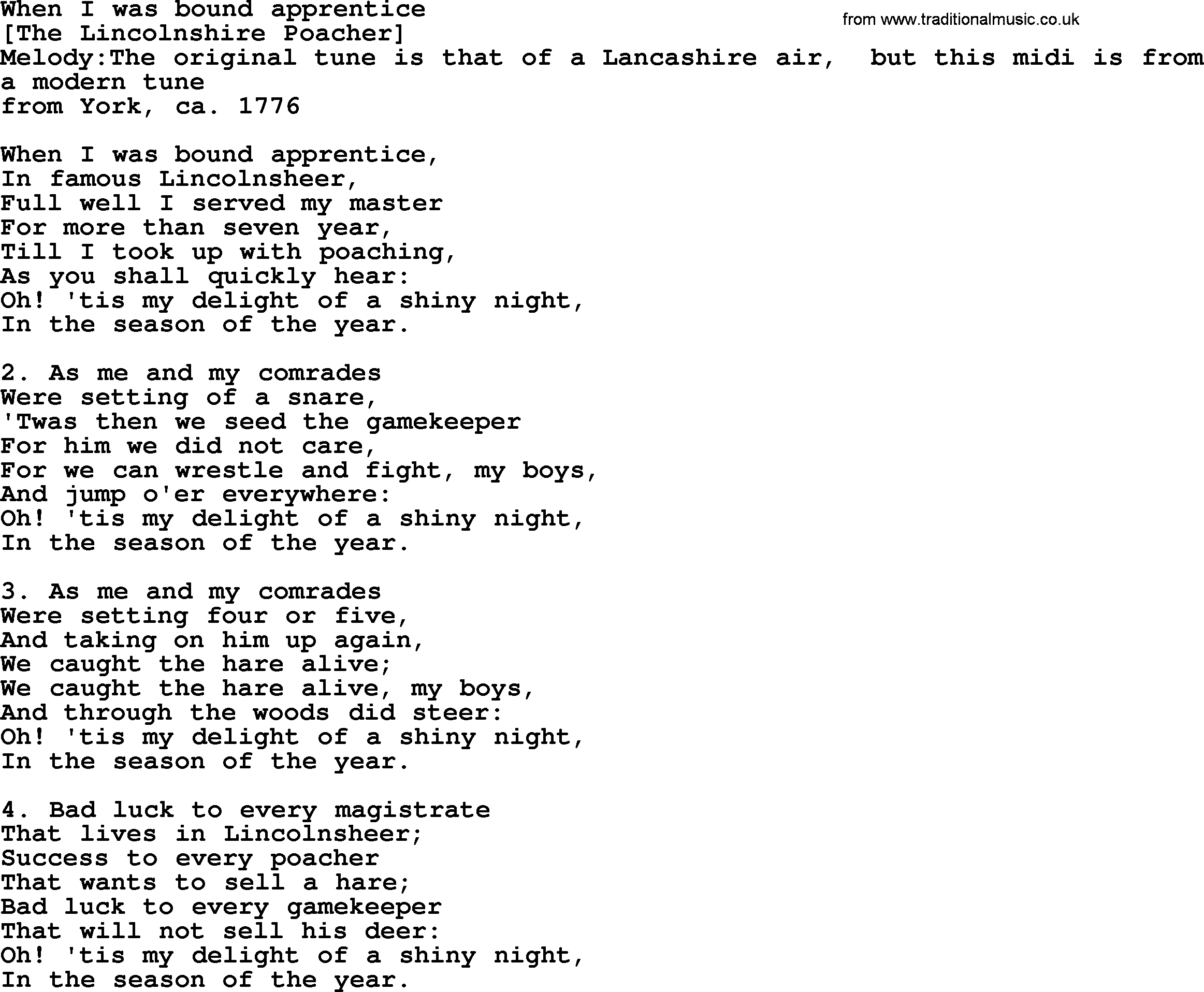 Old English Song: When I Was Bound Apprentice lyrics