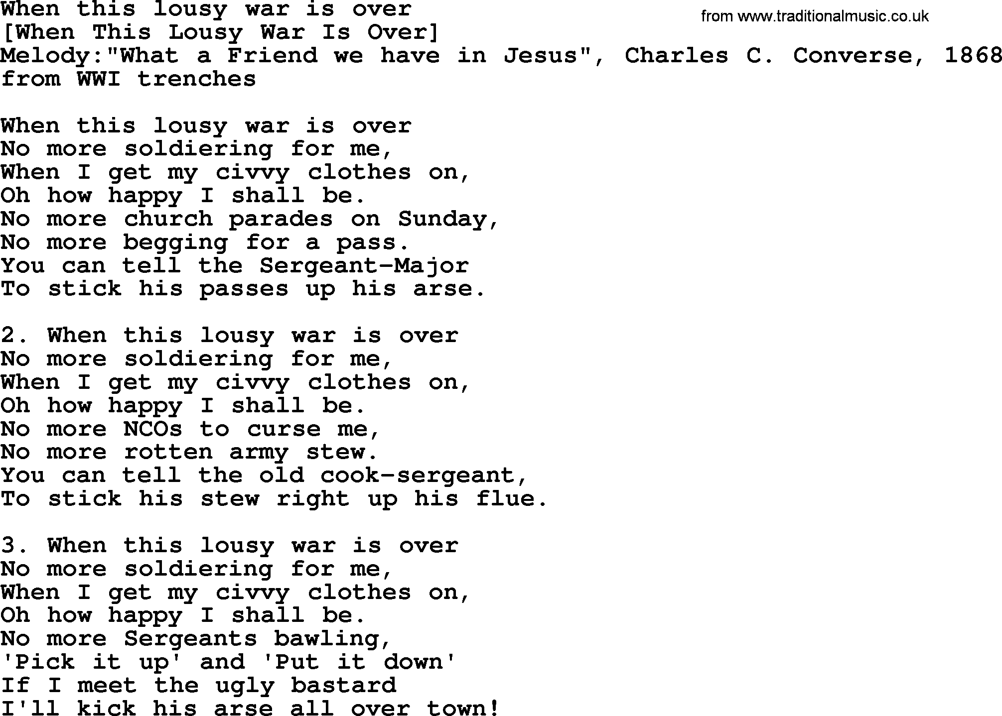 Old English Song: When This Lousy War Is Over lyrics