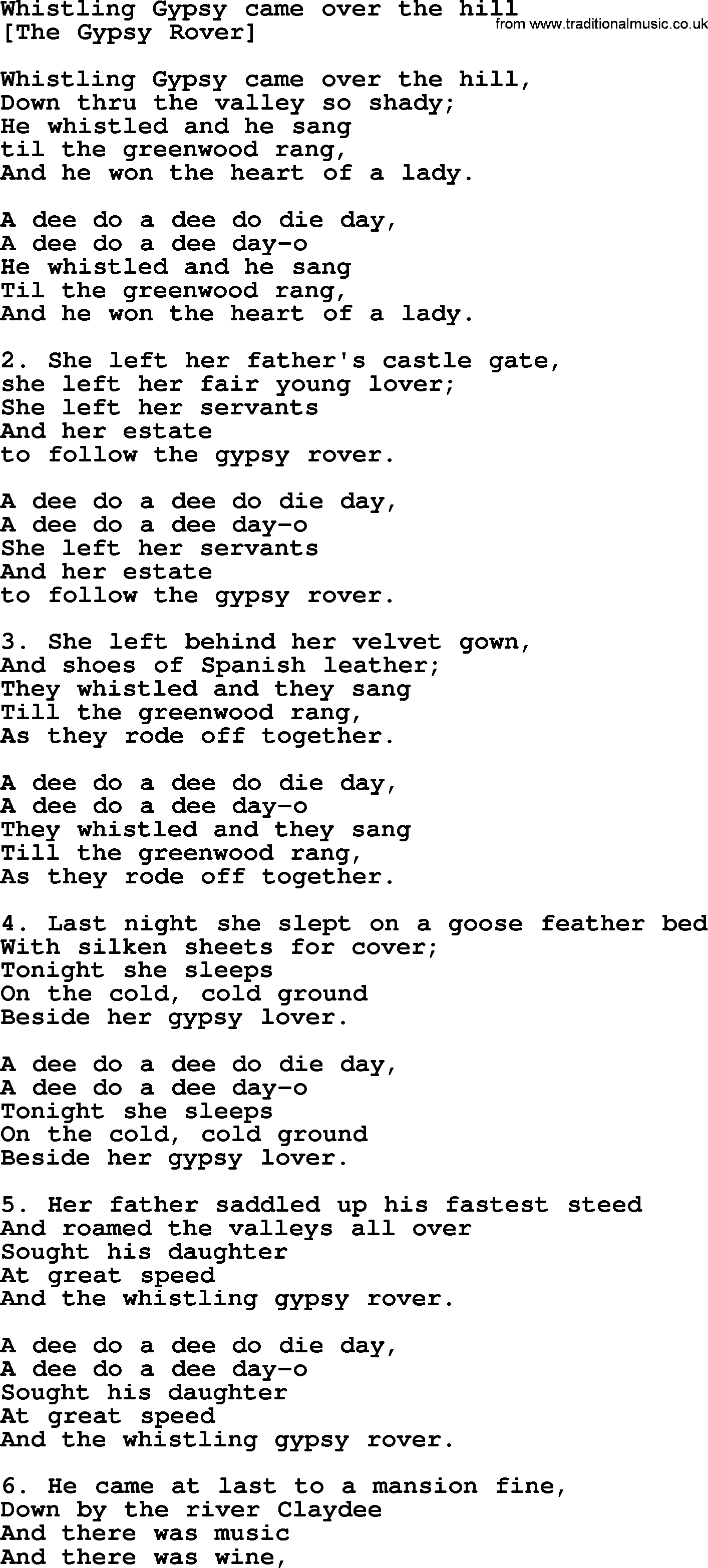 Old English Song: Whistling Gypsy Came Over The Hill lyrics
