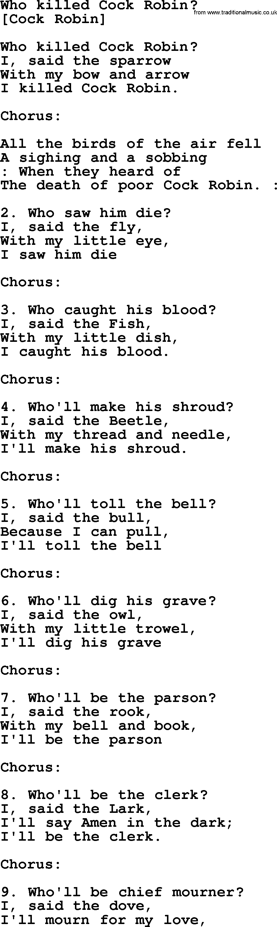 Old English Song: Who Killed Cock Robin lyrics