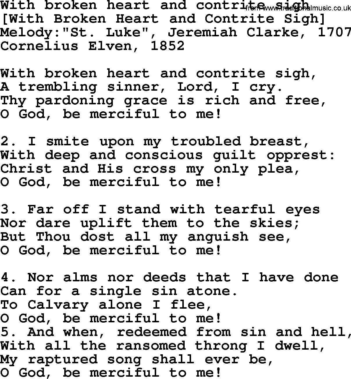 Old English Song: With Broken Heart And Contrite Sigh lyrics