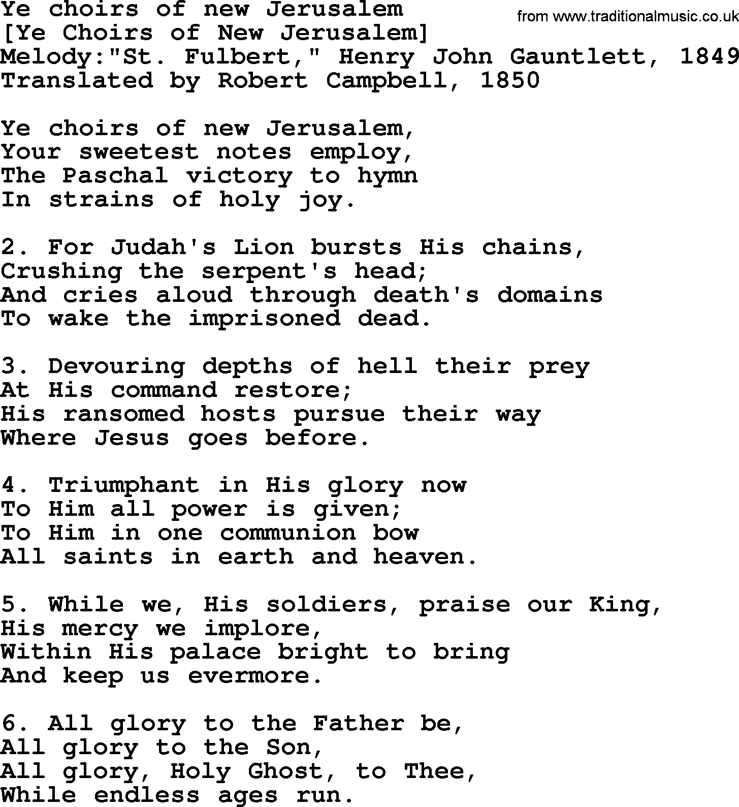 Old English Song: Ye Choirs Of New Jerusalem lyrics