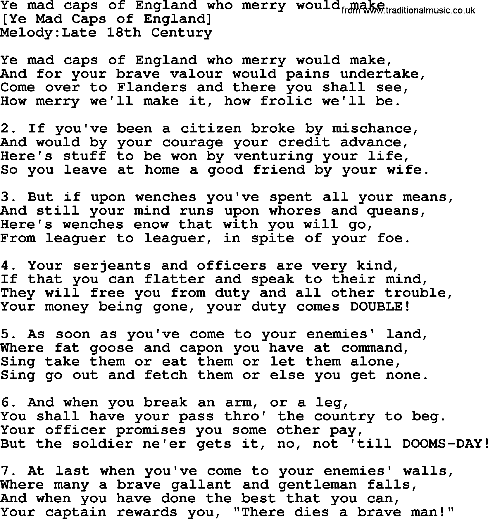Old English Song: Ye Mad Caps Of England Who Merry Would Make lyrics