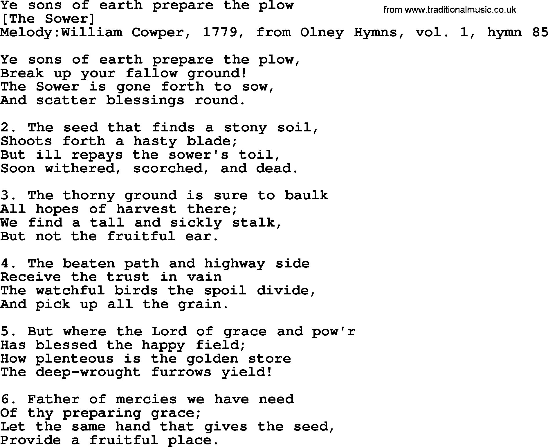 Old English Song: Ye Sons Of Earth Prepare The Plow lyrics