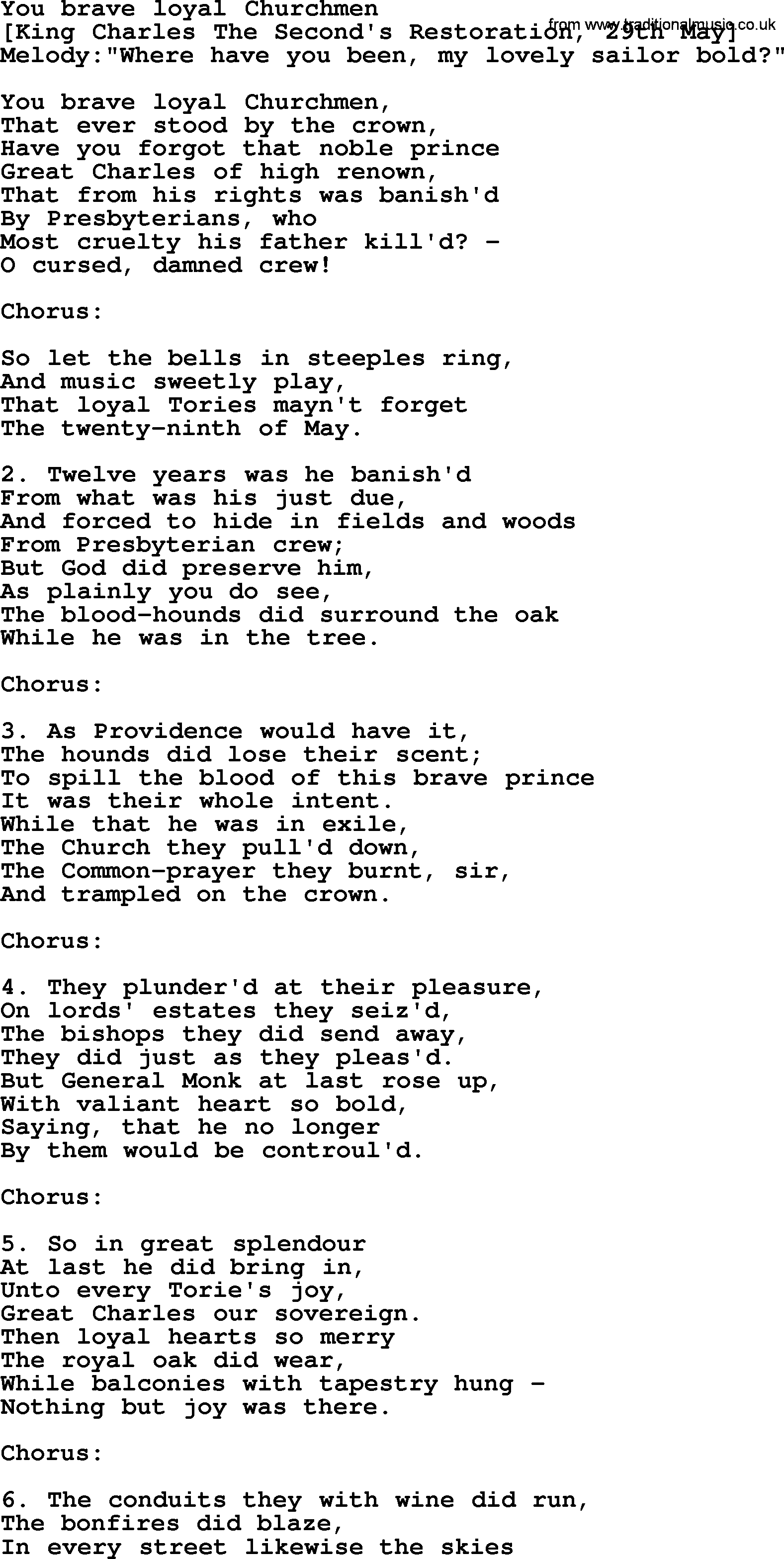 Old English Song: You Brave Loyal Churchmen lyrics