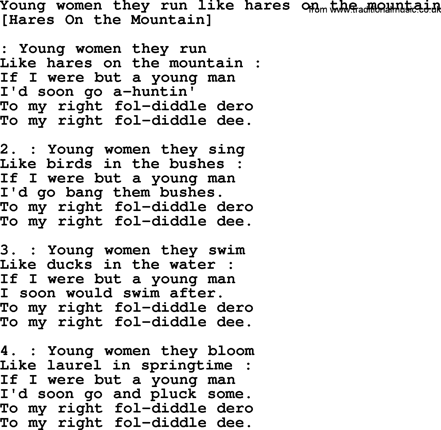 Old English Song: Young Women They Run Like Hares On The Mountain lyrics