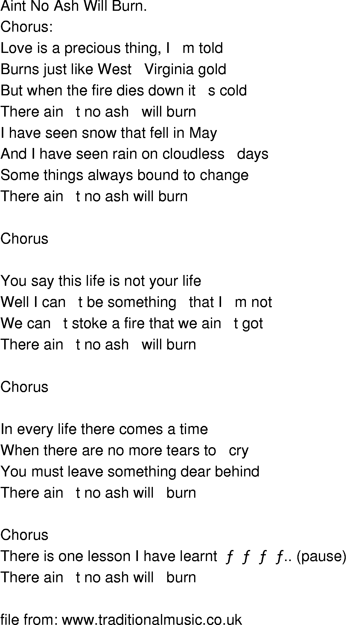 Old-Time (oldtimey) Song Lyrics - aint no ash will burn