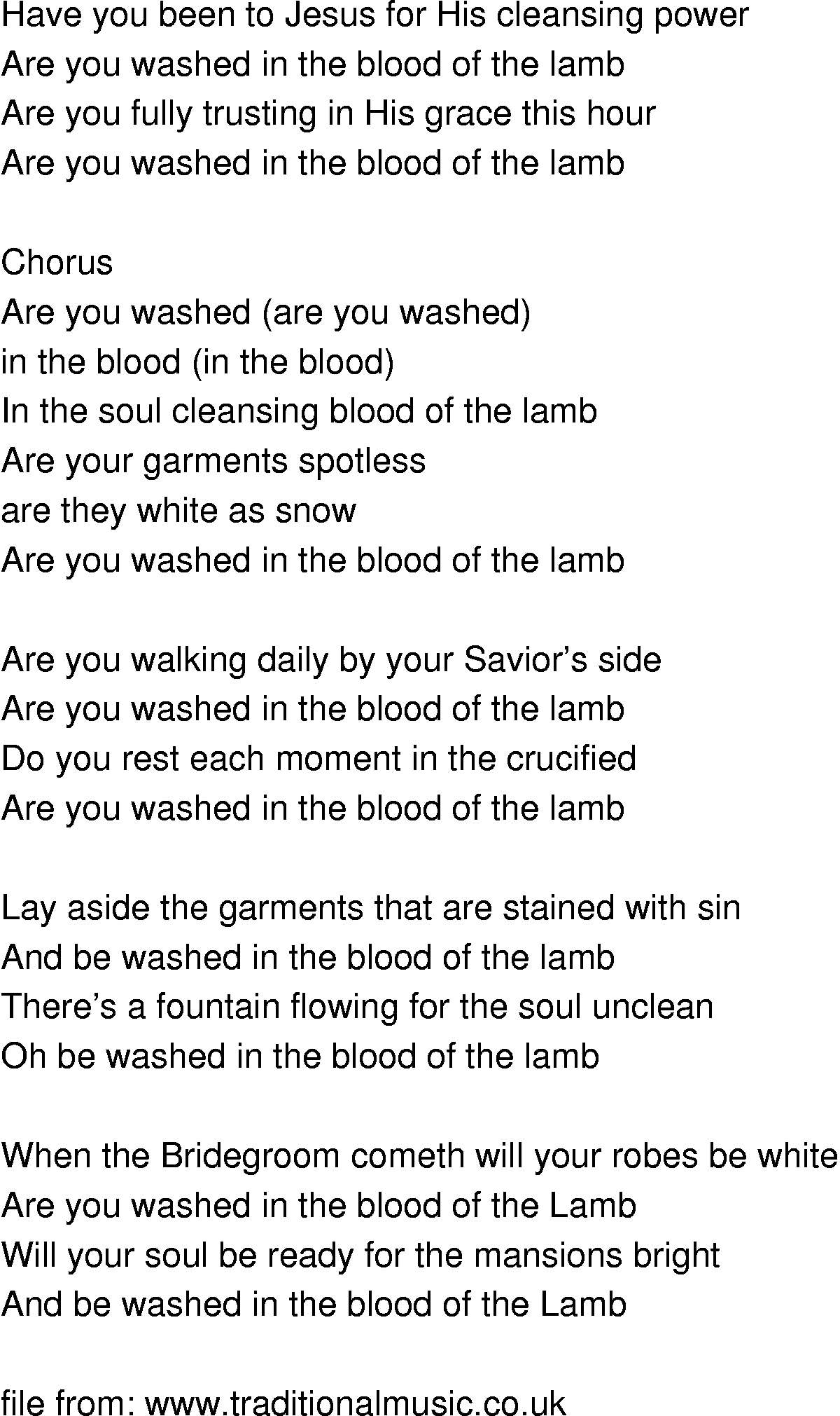 Old-Time (oldtimey) Song Lyrics - are you washed in the blood