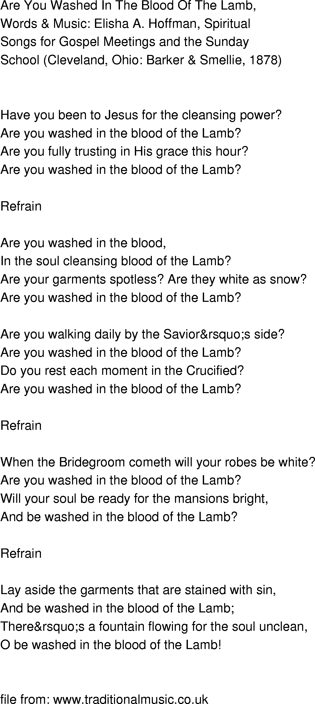 Old-Time (oldtimey) Song Lyrics - are you washed in the blood of the lamb