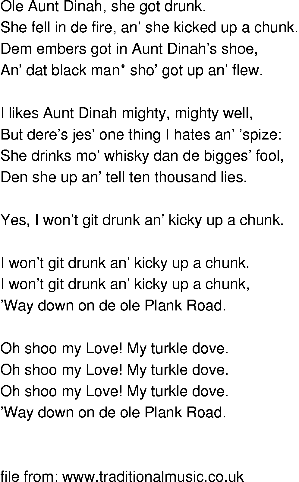 Old-Time (oldtimey) Song Lyrics - aunt dinah drunk
