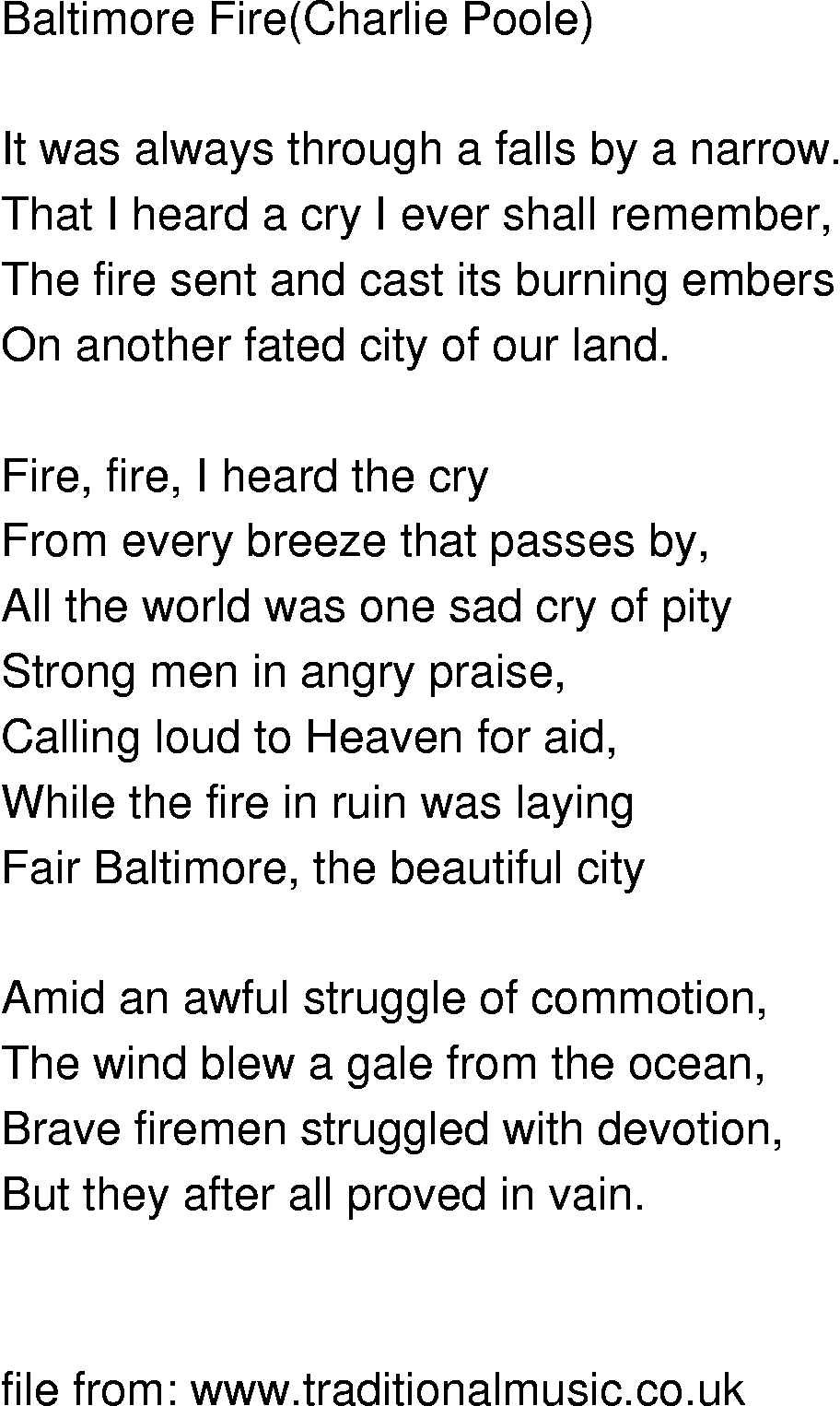 Old-Time (oldtimey) Song Lyrics - baltimore fire