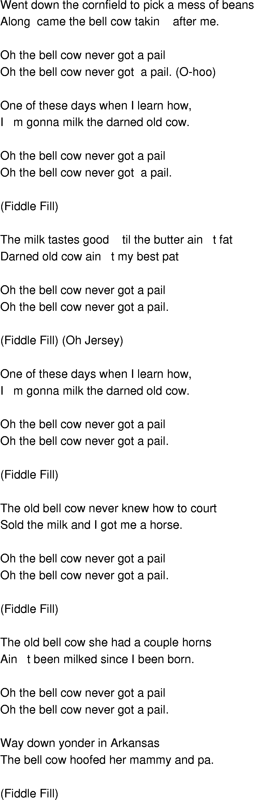 Old-Time (oldtimey) Song Lyrics - bell cow