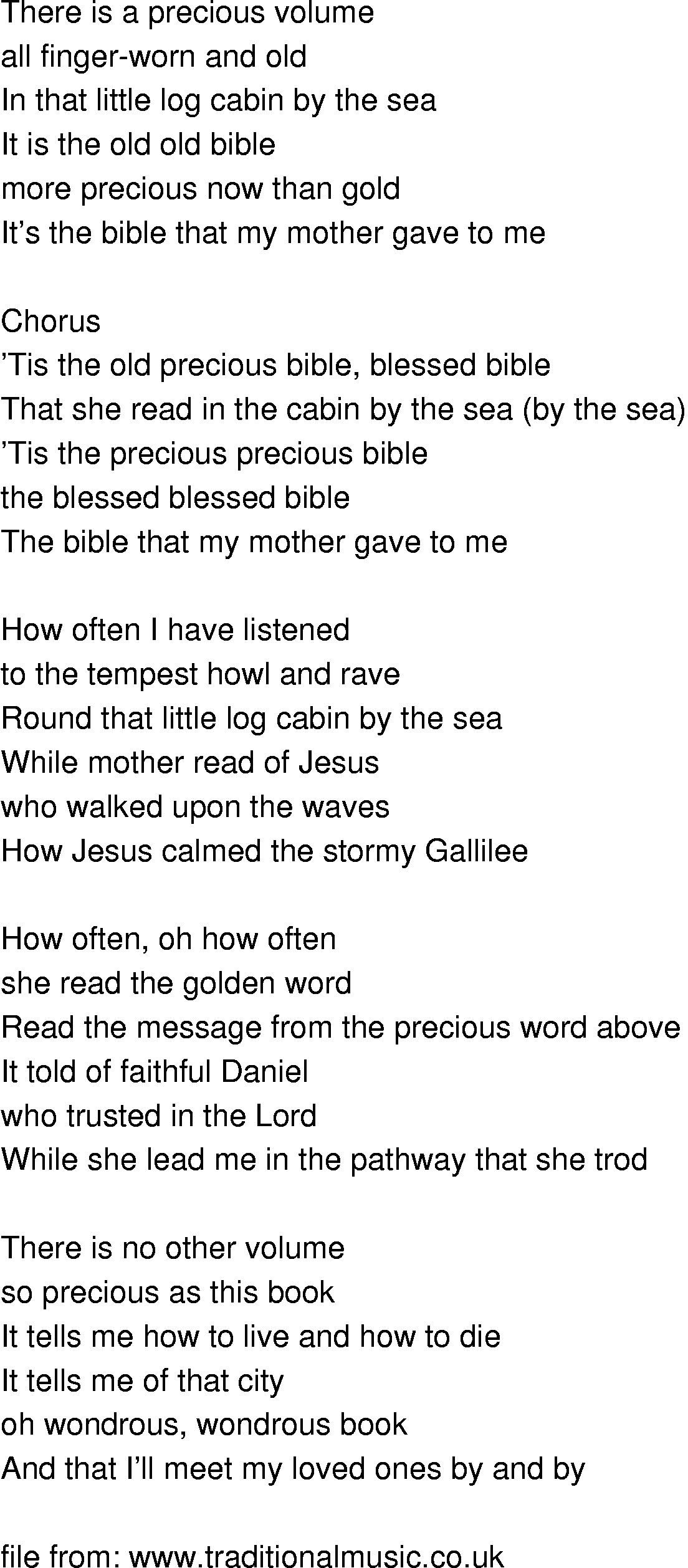 Old-Time (oldtimey) Song Lyrics - bible in the cabin by the sea
