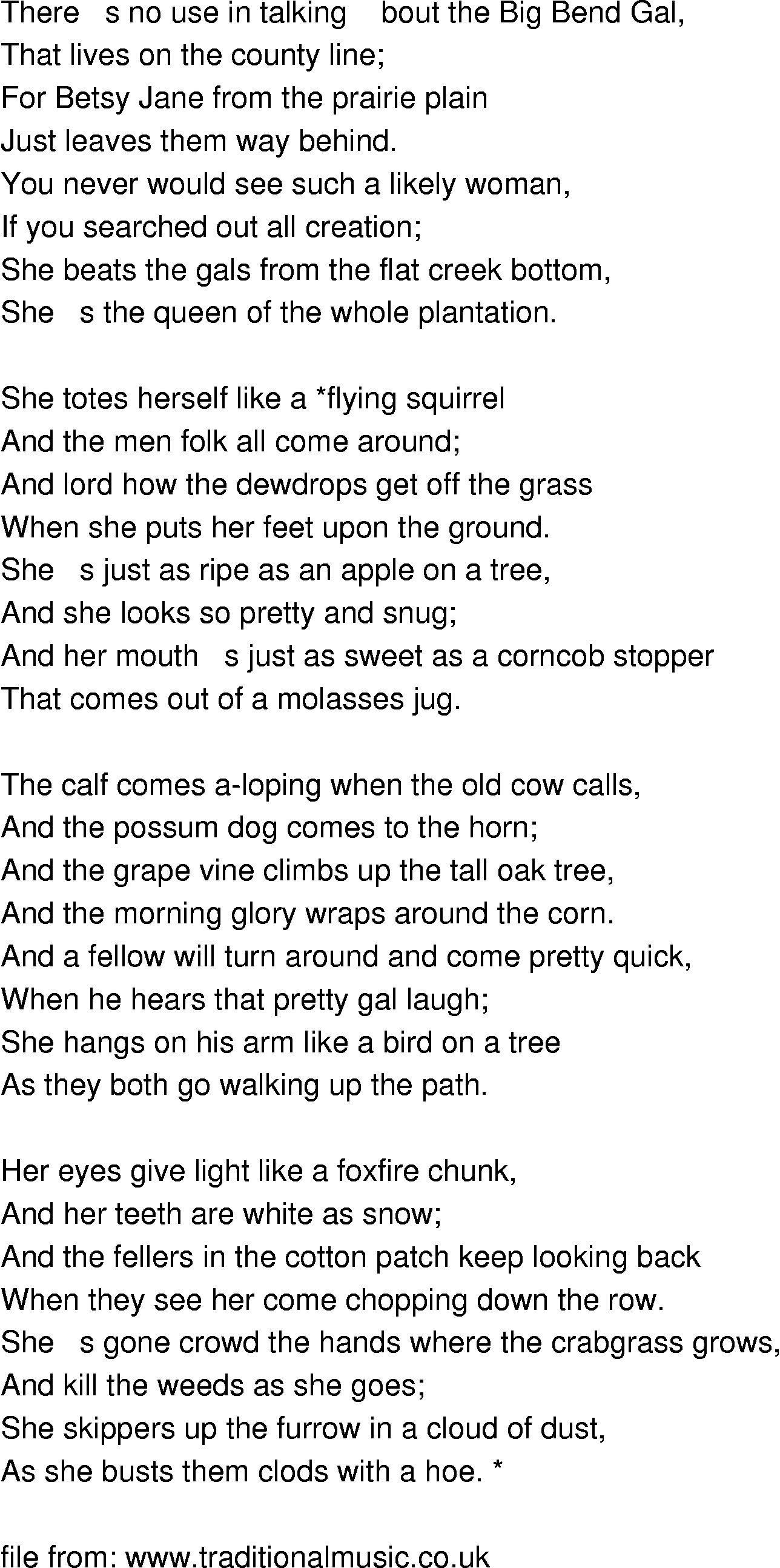 Old-Time (oldtimey) Song Lyrics - big bend gal