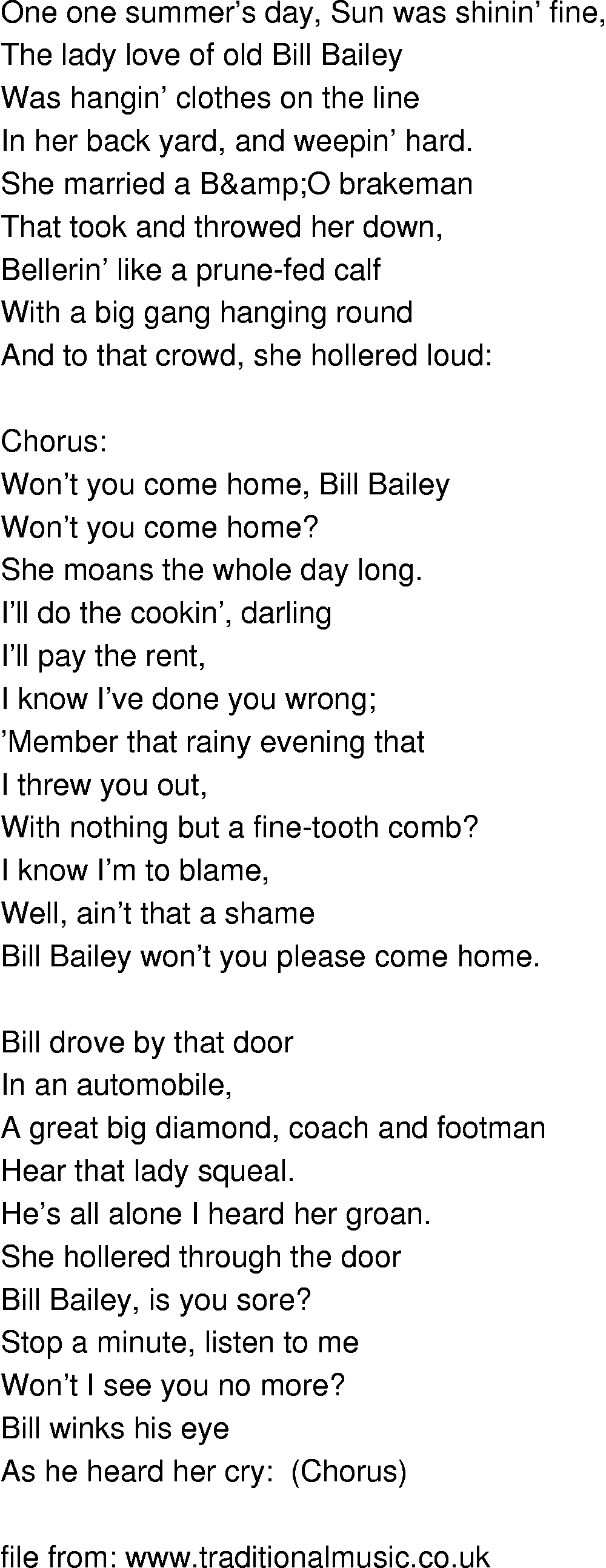 Old-Time (oldtimey) Song Lyrics - bill bailey wont you please come home