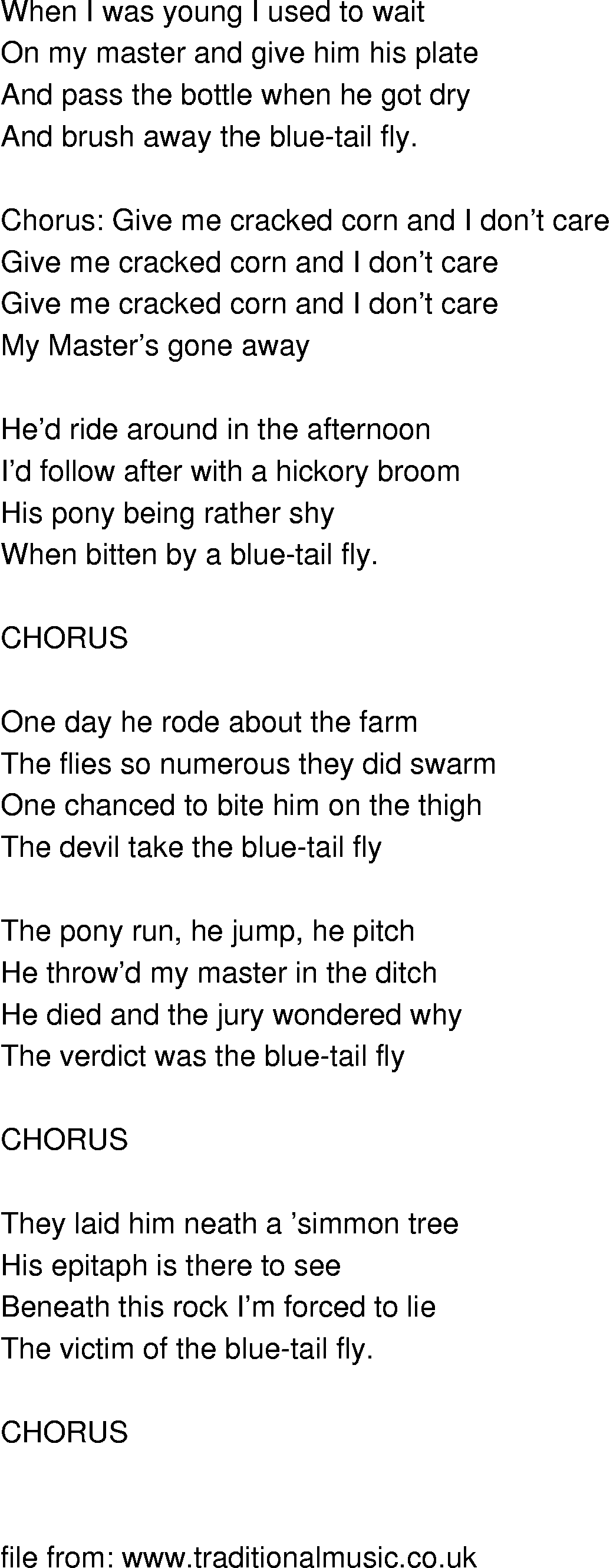 Old-Time (oldtimey) Song Lyrics - blue tailed fly