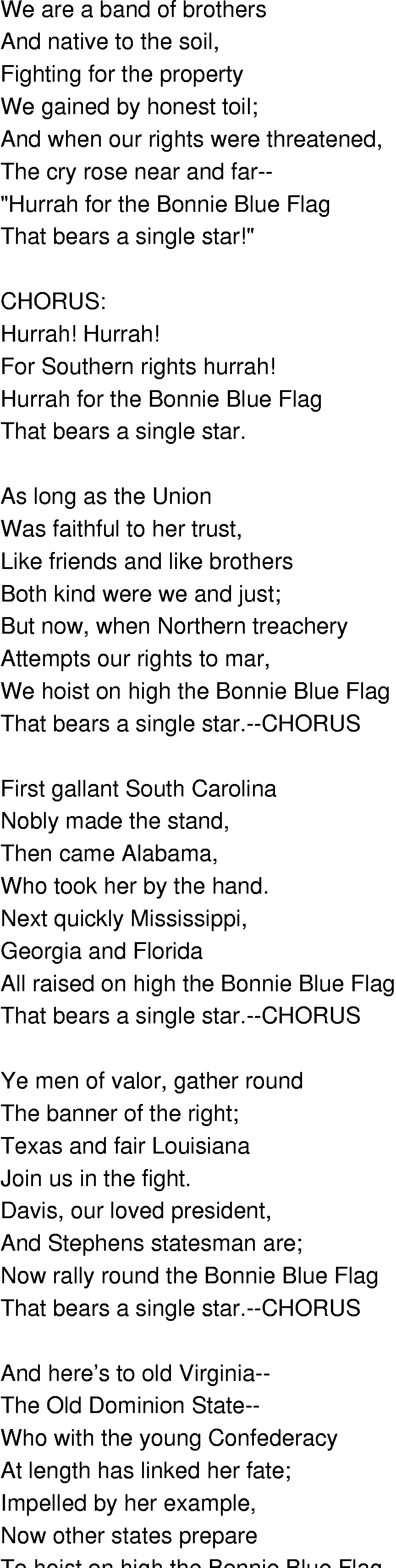 Old Time Song Lyrics Bonnie Blue Flag