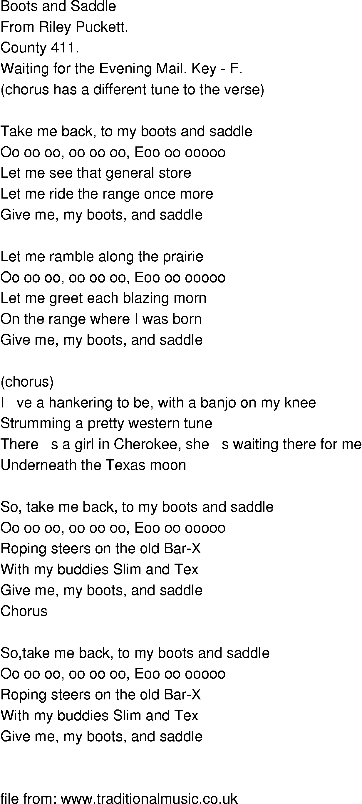 Old-Time (oldtimey) Song Lyrics - boots and saddle