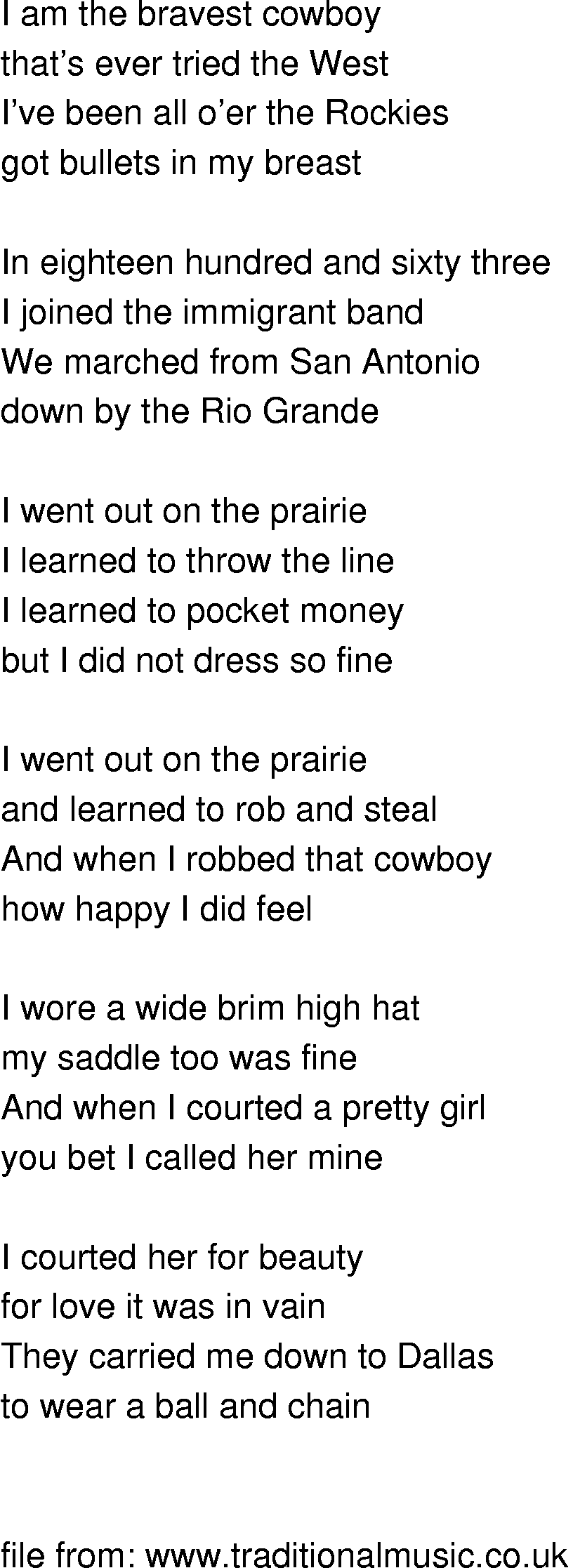Old-Time (oldtimey) Song Lyrics - bravest cowboy