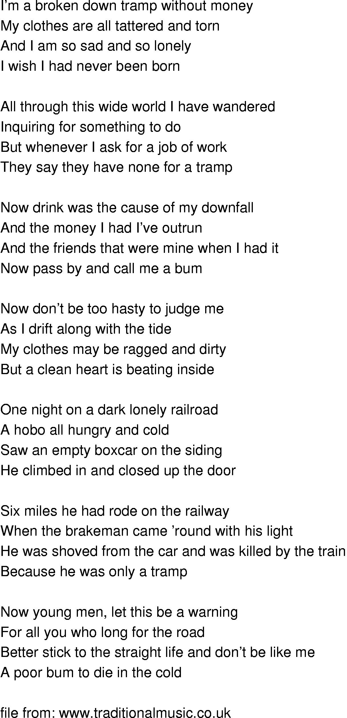 Old-Time (oldtimey) Song Lyrics - broken down tramp