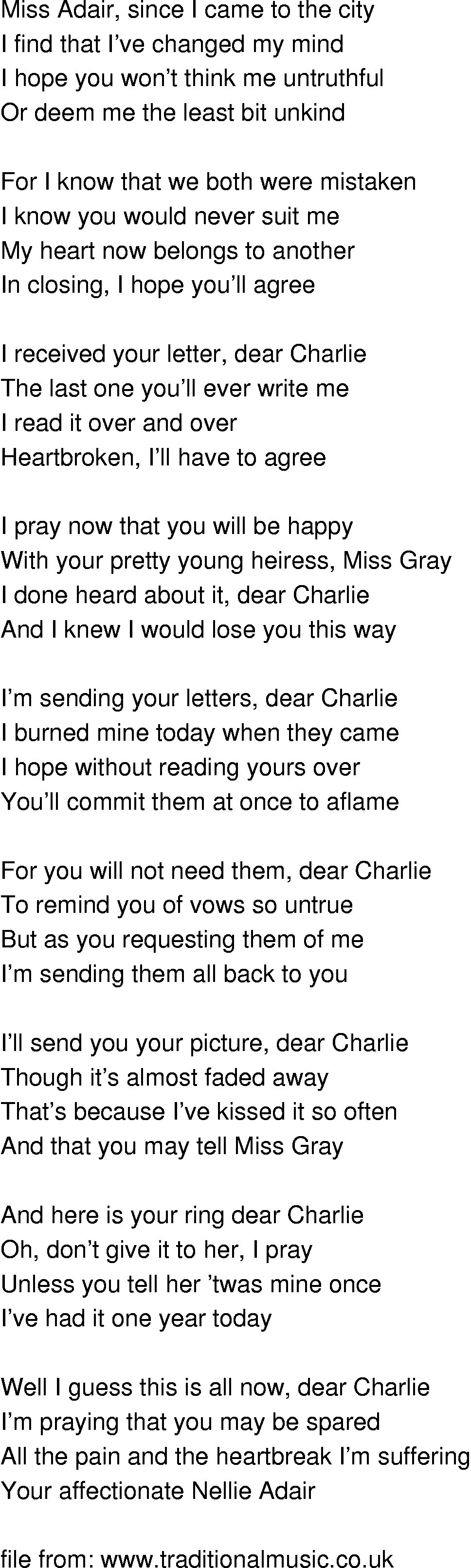 Old-Time (oldtimey) Song Lyrics - charlie brooks and nellie adair