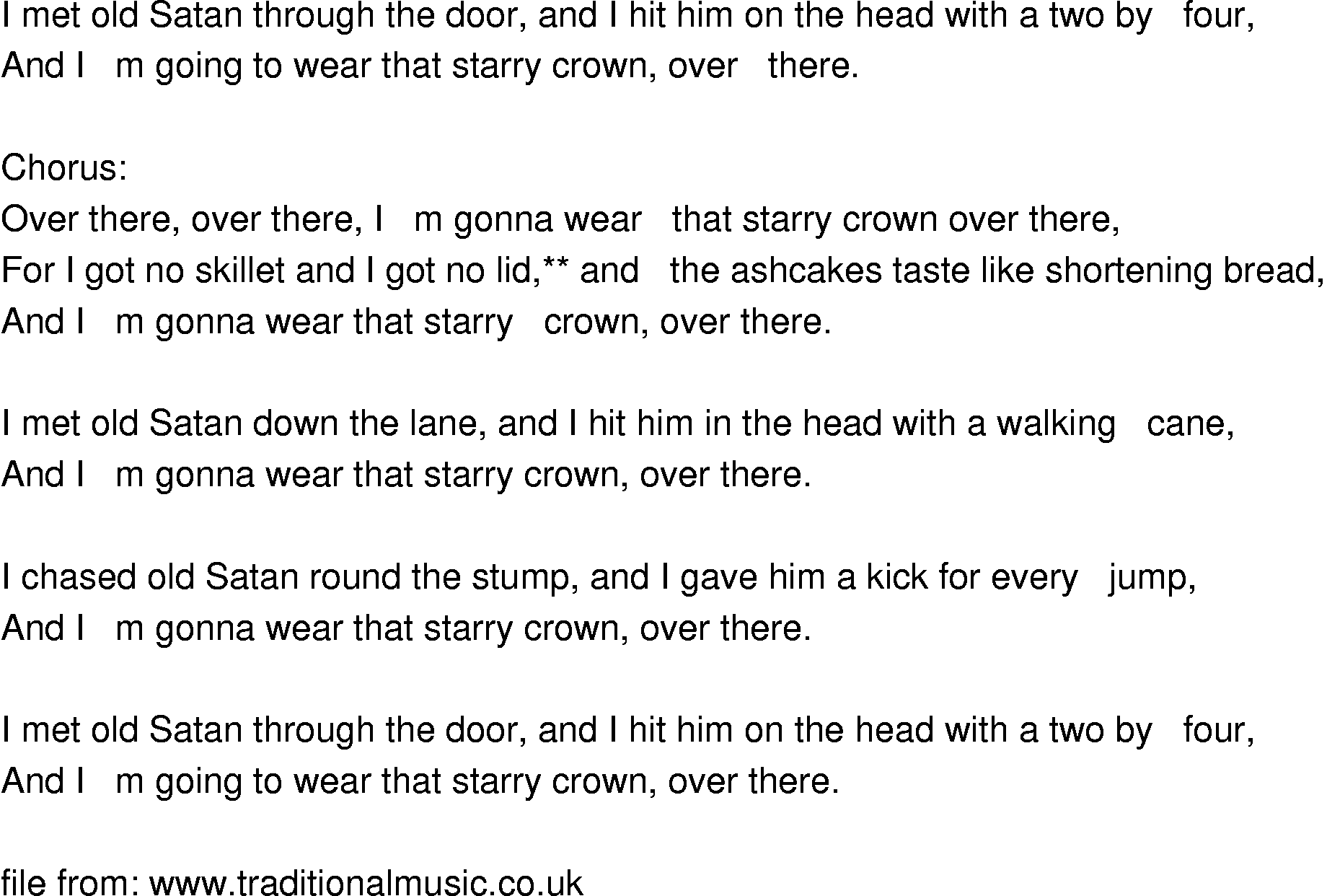 Old-Time (oldtimey) Song Lyrics - chased old satan through the door