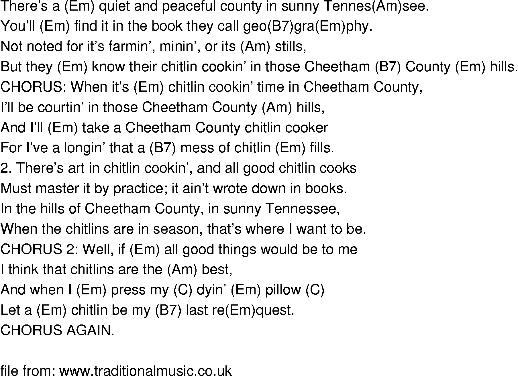 Old-Time (oldtimey) Song Lyrics - chittlin cooking time in cheatham county