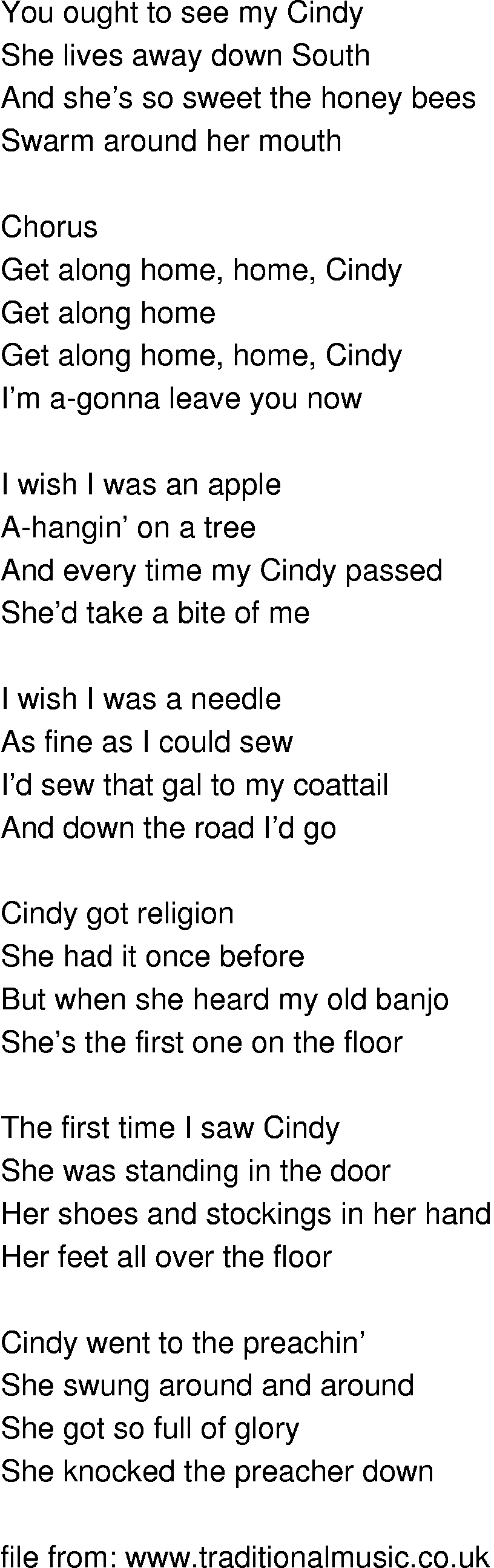 Old-Time (oldtimey) Song Lyrics - cindy