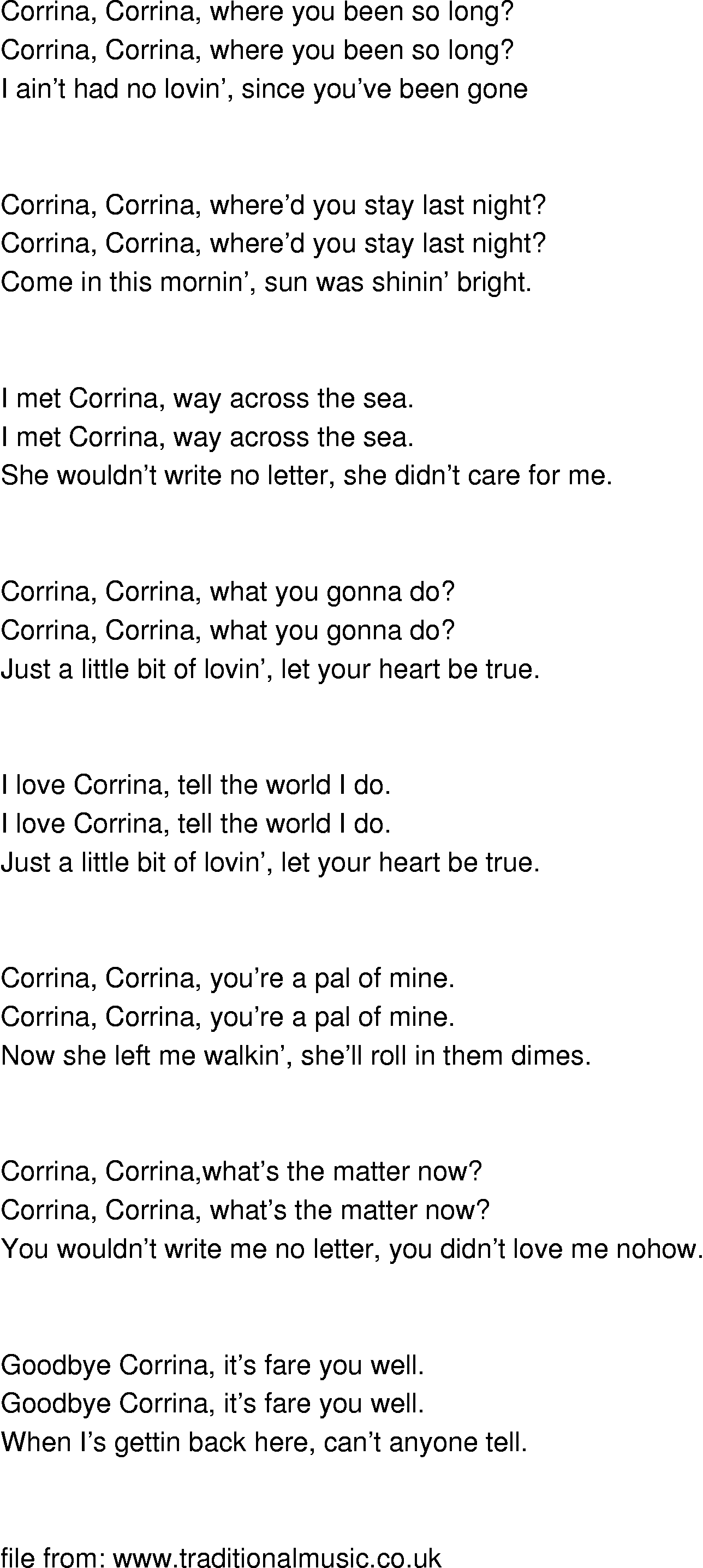 Old-Time (oldtimey) Song Lyrics - corrine, corrina