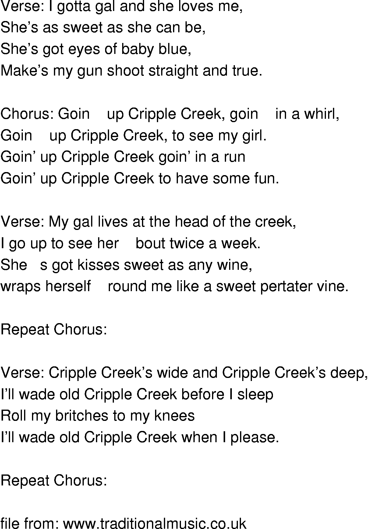 Old-Time (oldtimey) Song Lyrics - cripple creek