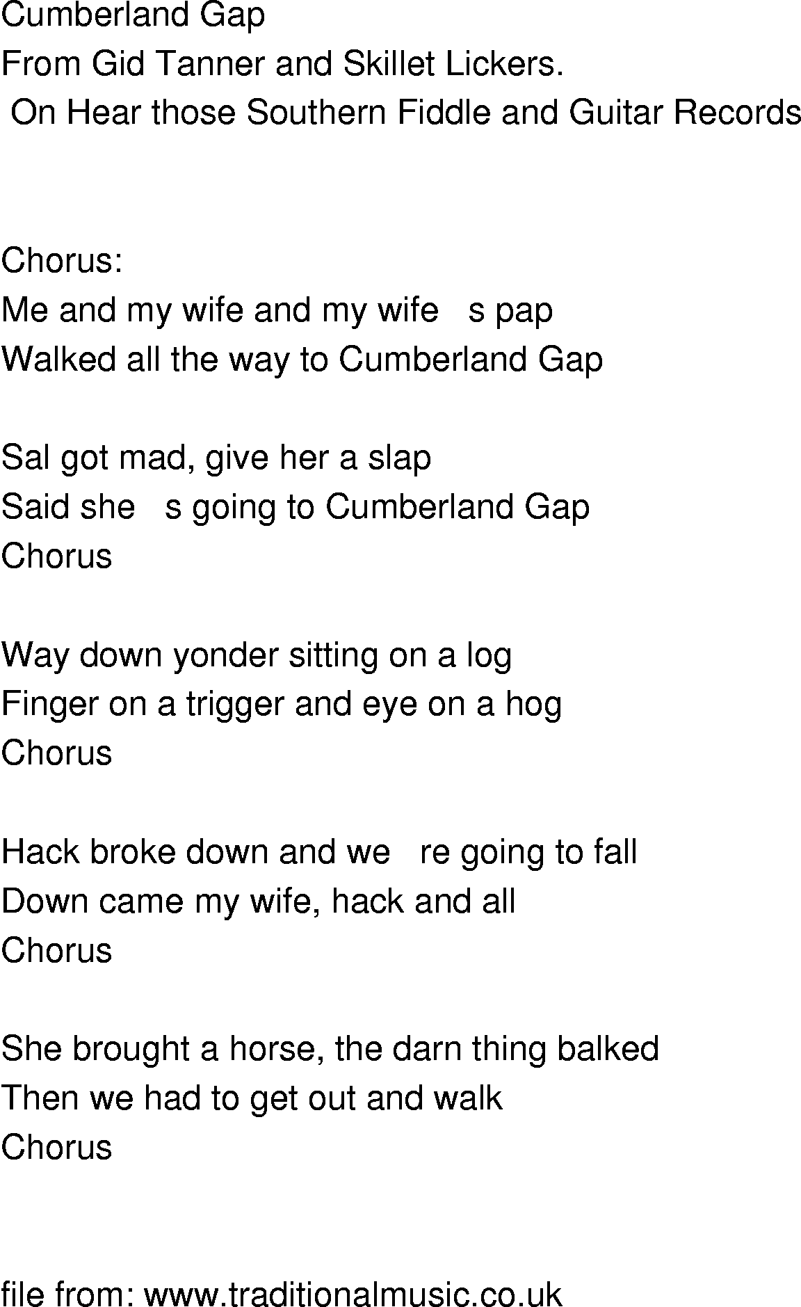Old-Time (oldtimey) Song Lyrics - cumberland gap