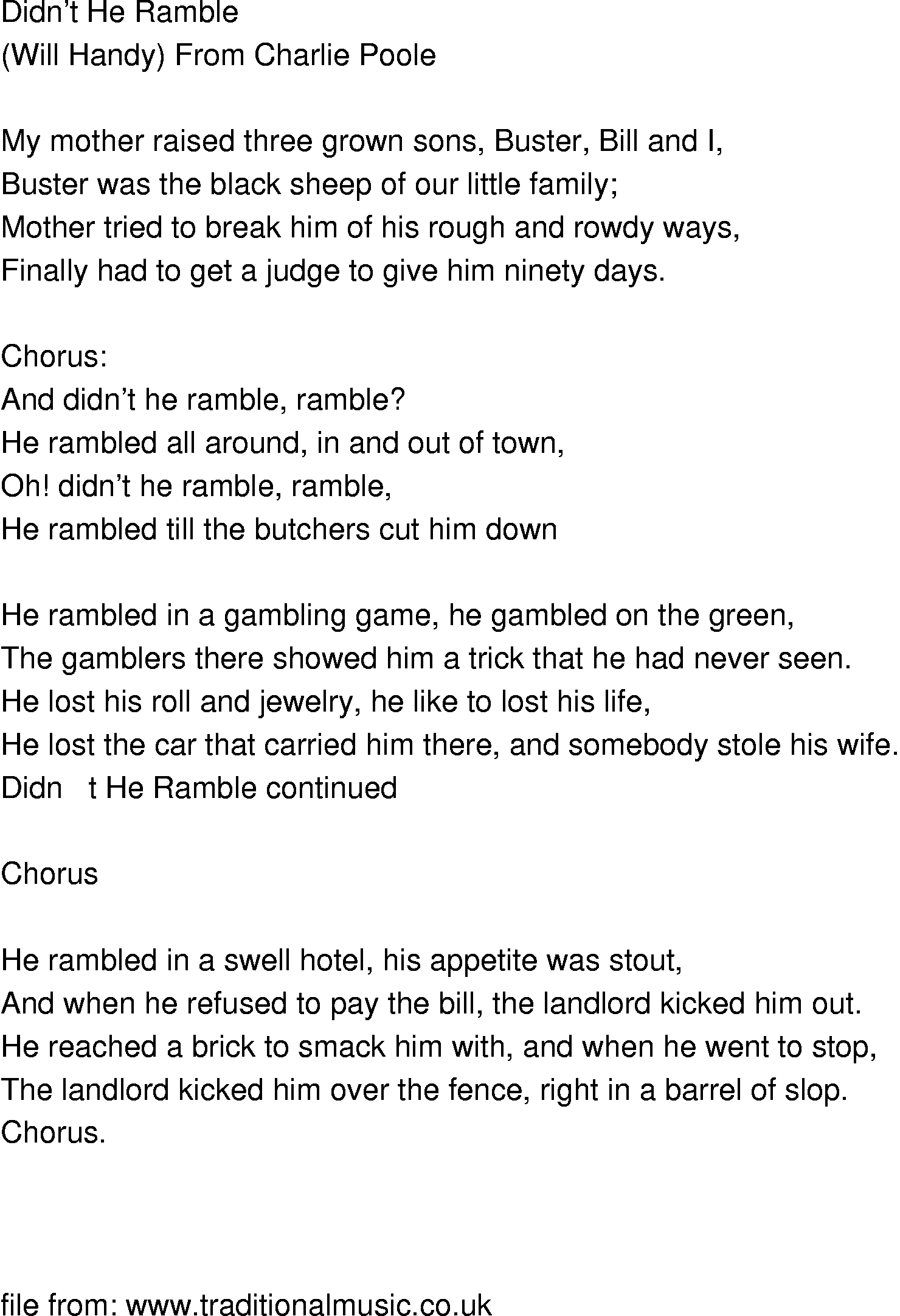 Old-Time (oldtimey) Song Lyrics - didnt he ramble