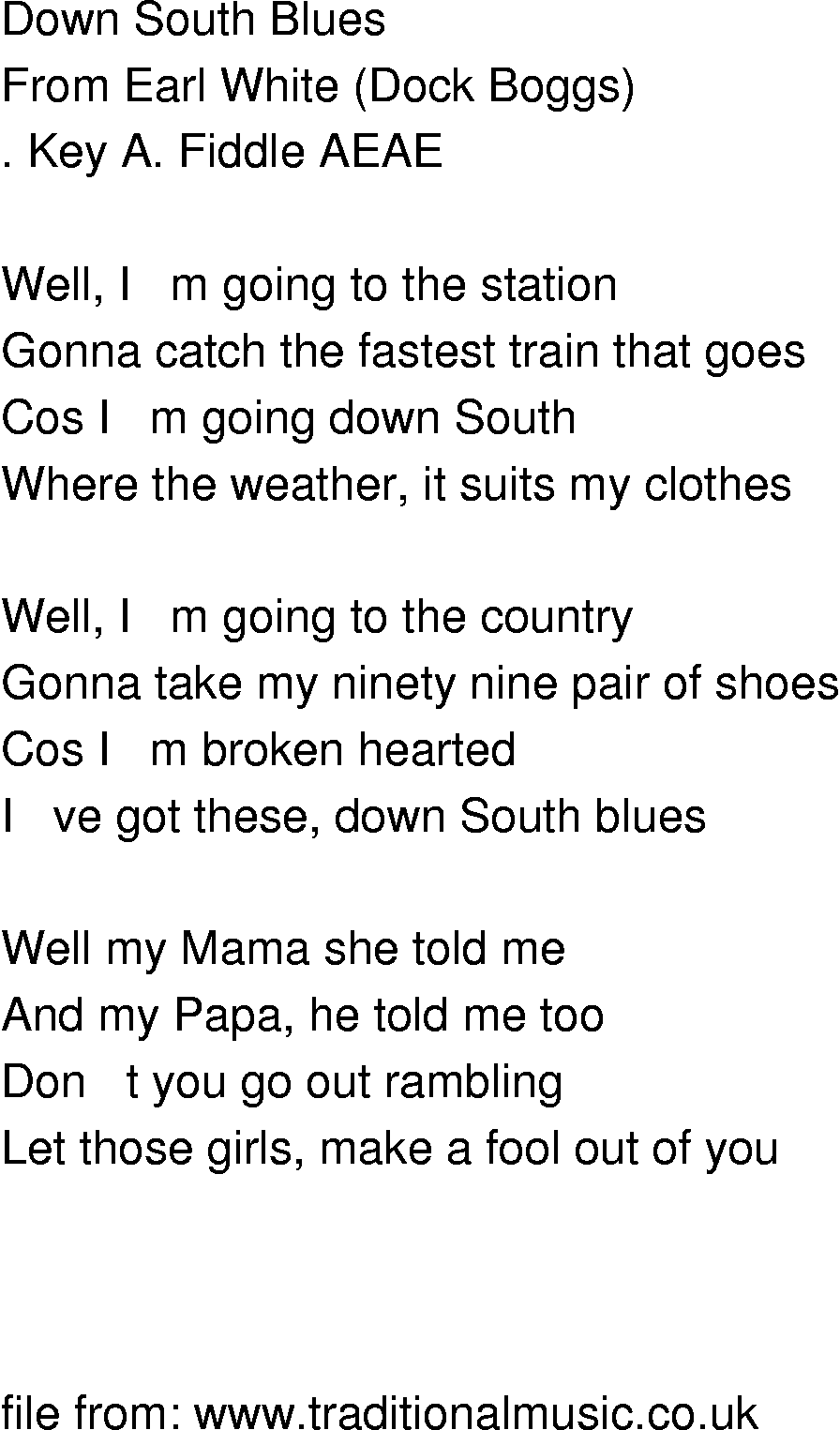 Old-Time (oldtimey) Song Lyrics - down south blues