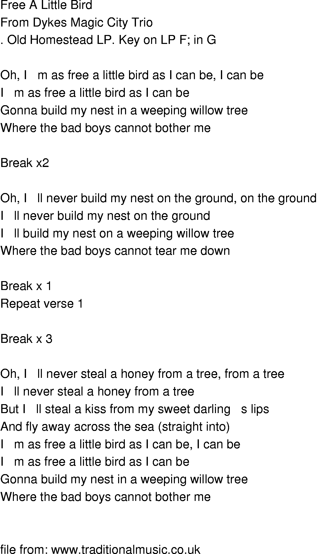 Old-Time (oldtimey) Song Lyrics - free a little bird