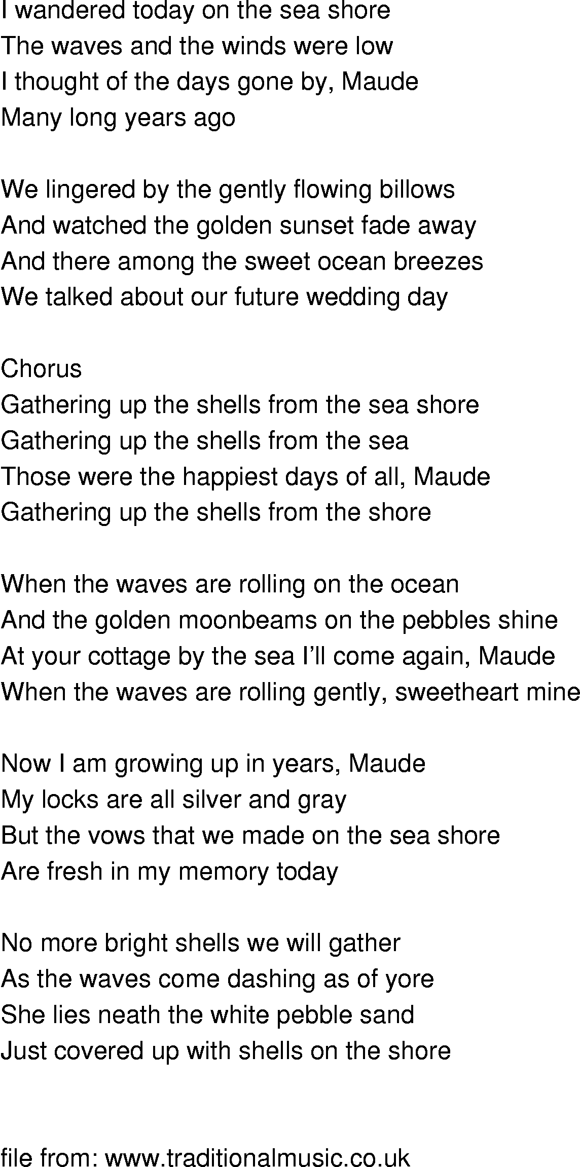 Old-Time (oldtimey) Song Lyrics - gathering up the shells from the seashore