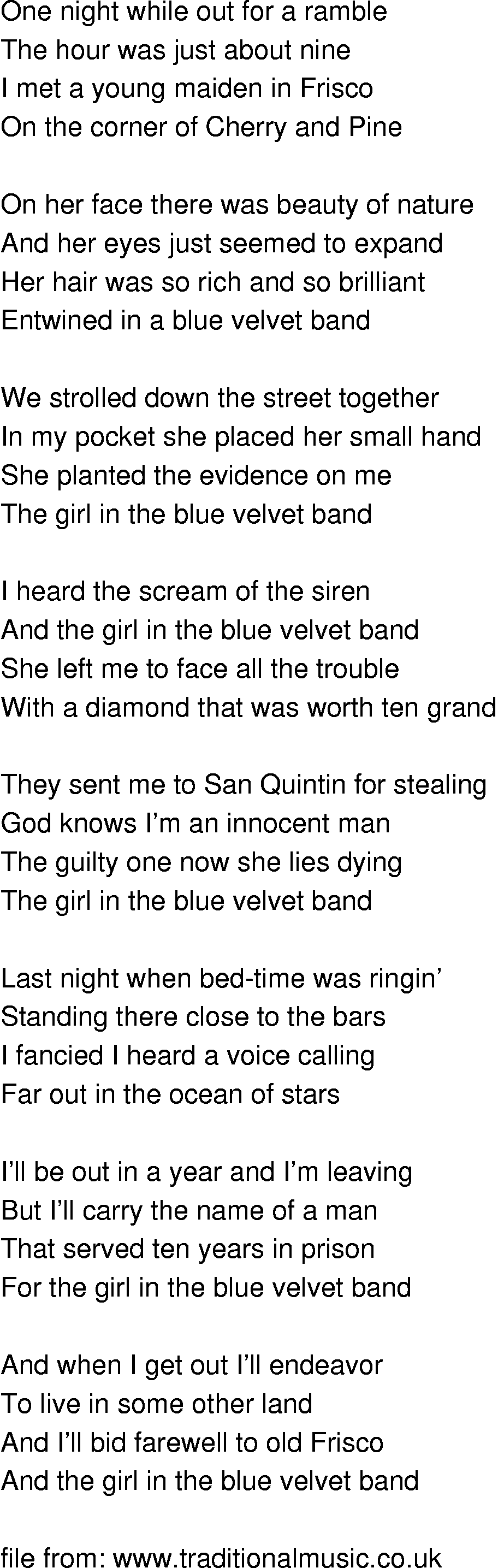 Old-Time (oldtimey) Song Lyrics - girl in the blue velvet band