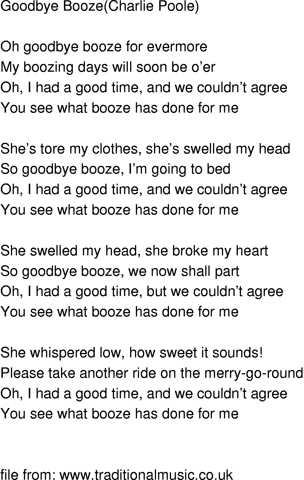Old-Time (oldtimey) Song Lyrics - goodbye booze