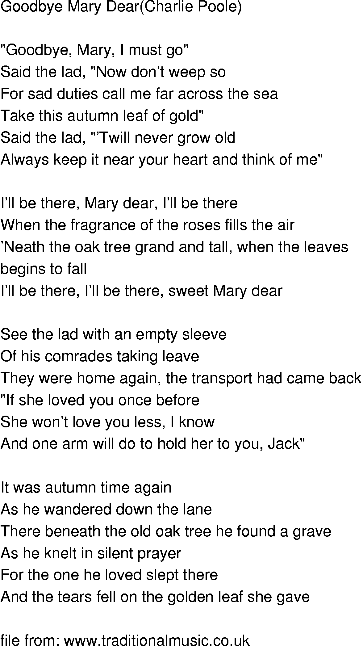 Old-Time (oldtimey) Song Lyrics - goodbye mary dear