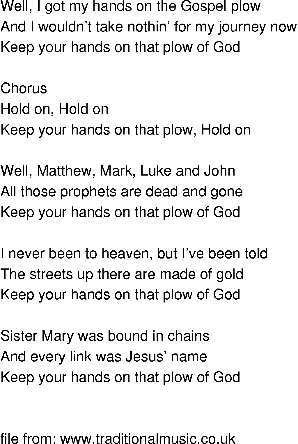 Old-Time (oldtimey) Song Lyrics - gospel plow