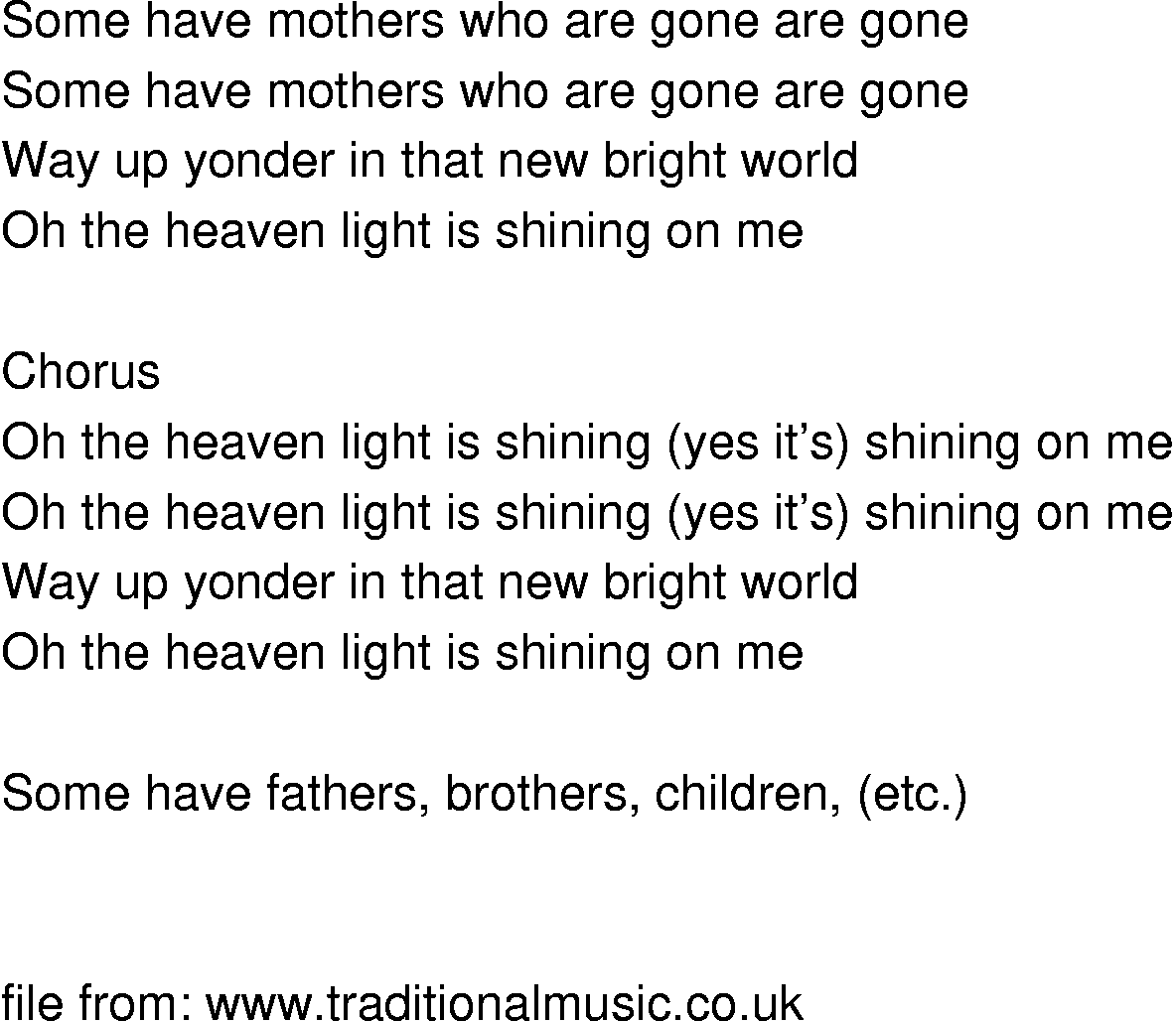 Old-Time (oldtimey) Song Lyrics - heavenly light is shining on me