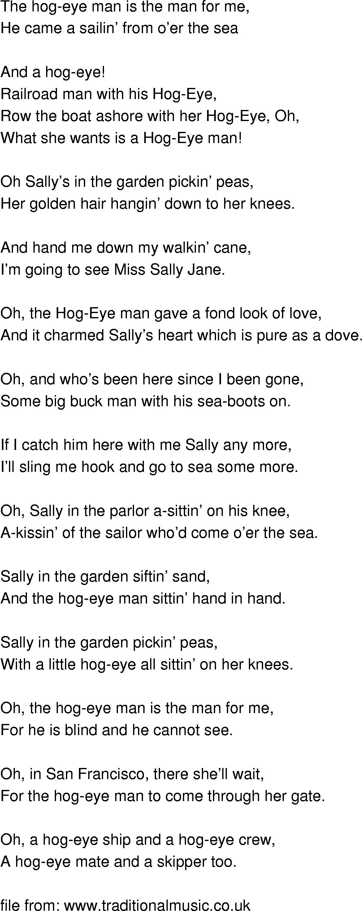 Old-Time (oldtimey) Song Lyrics - hog eye man sailor shanty
