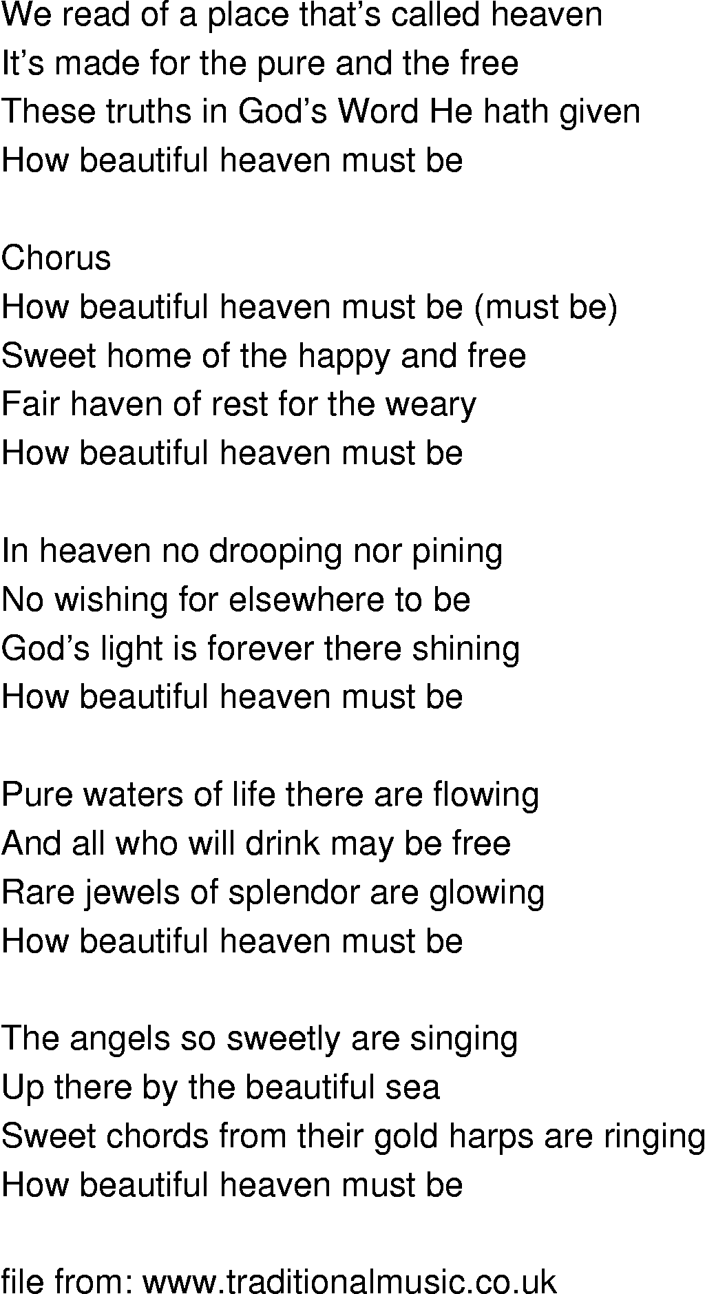 Old-Time (oldtimey) Song Lyrics - how beautiful heaven must be