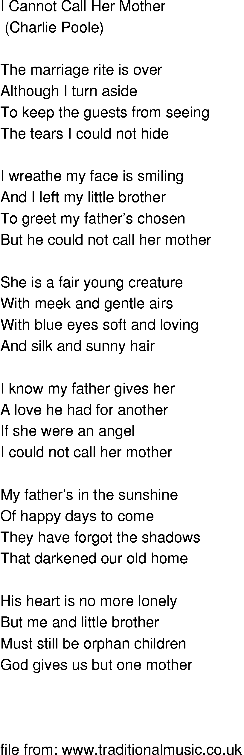 Old-Time (oldtimey) Song Lyrics - i cannot call her mother