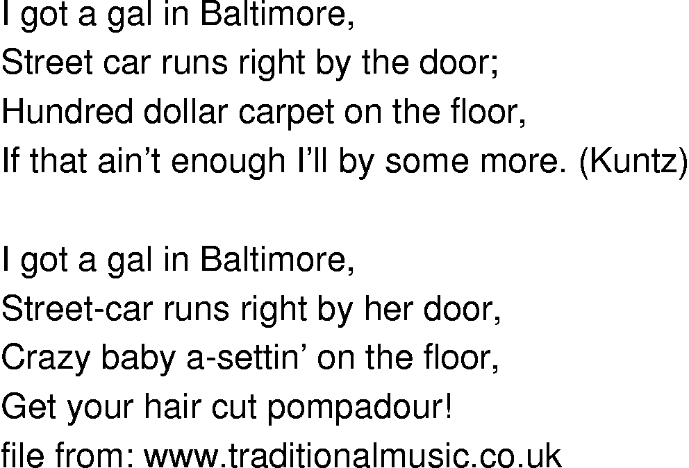 Old-Time (oldtimey) Song Lyrics - i got a gal in baltimore