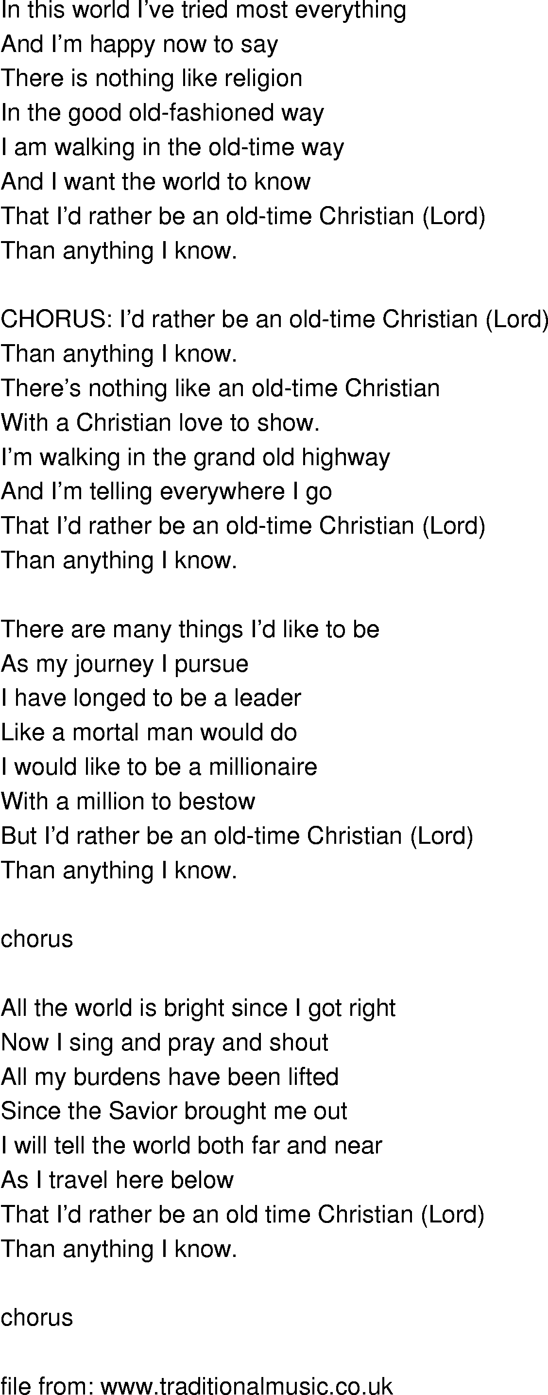 Old-Time (oldtimey) Song Lyrics - id rather be an old time christian
