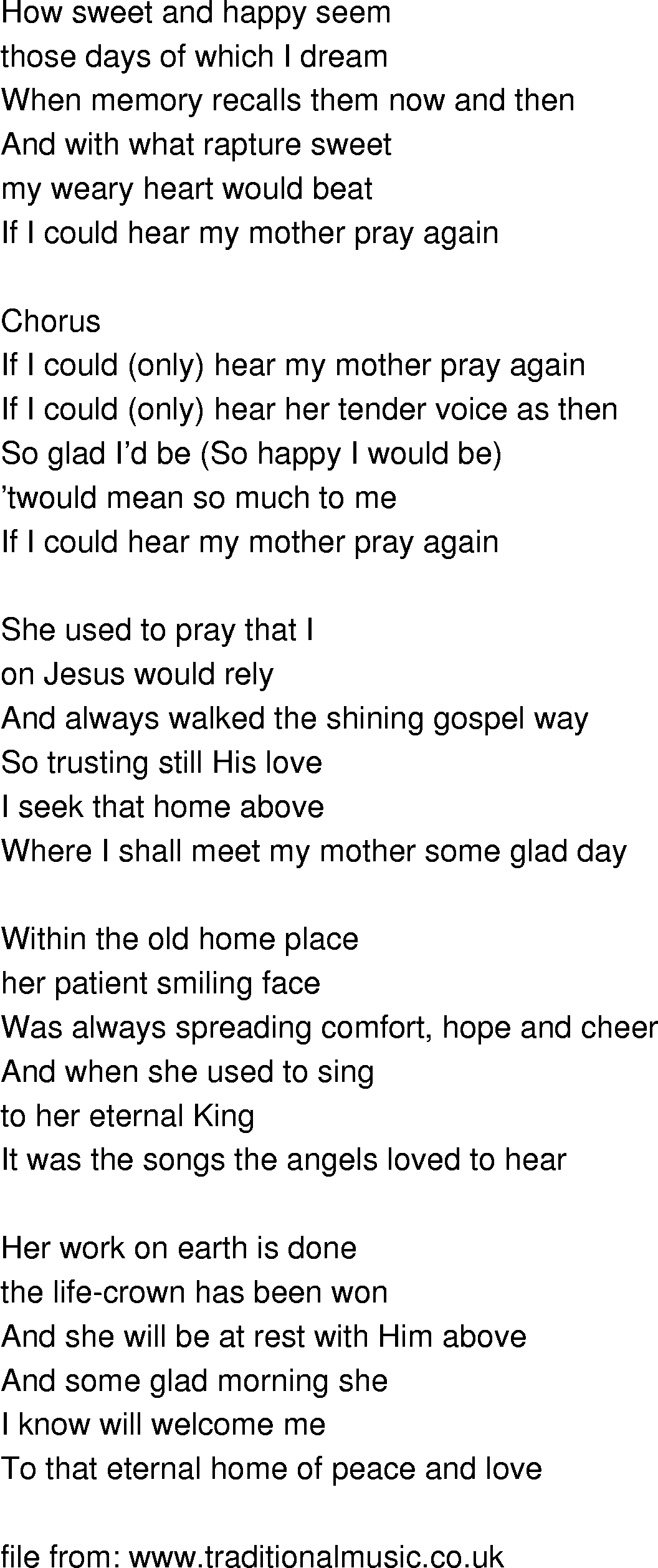 Old-Time (oldtimey) Song Lyrics - if i could hear my mother pray again