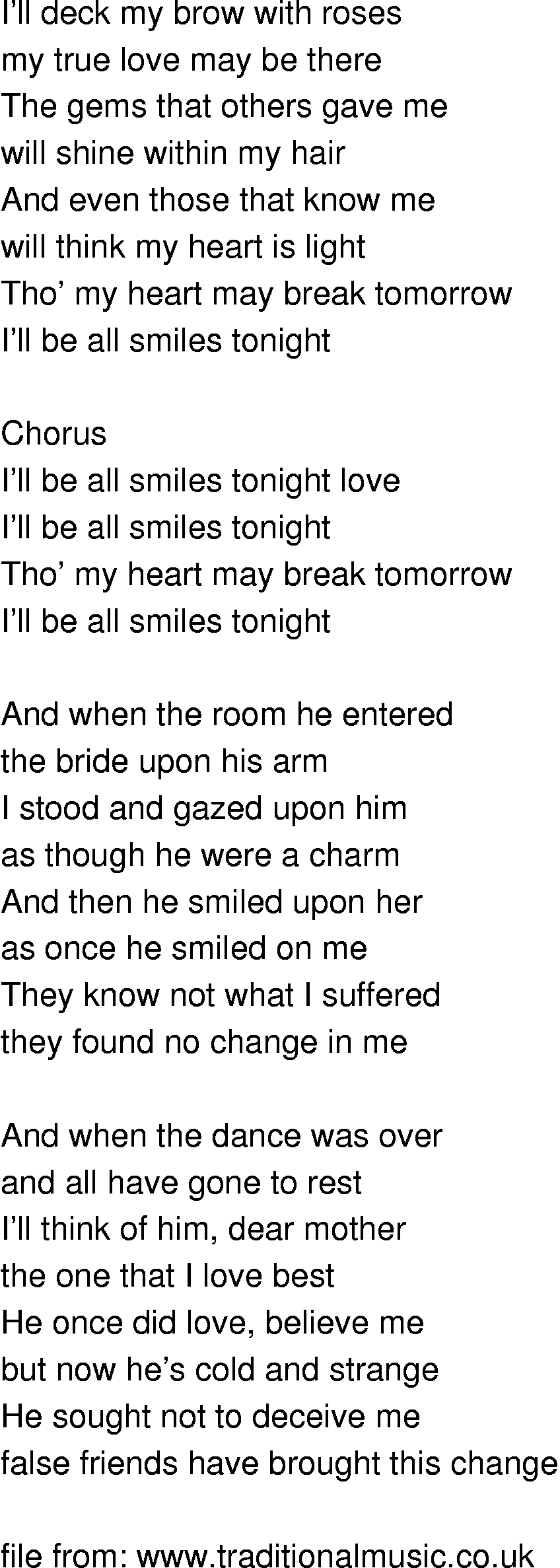Old-Time (oldtimey) Song Lyrics - ill be all smiles tonight
