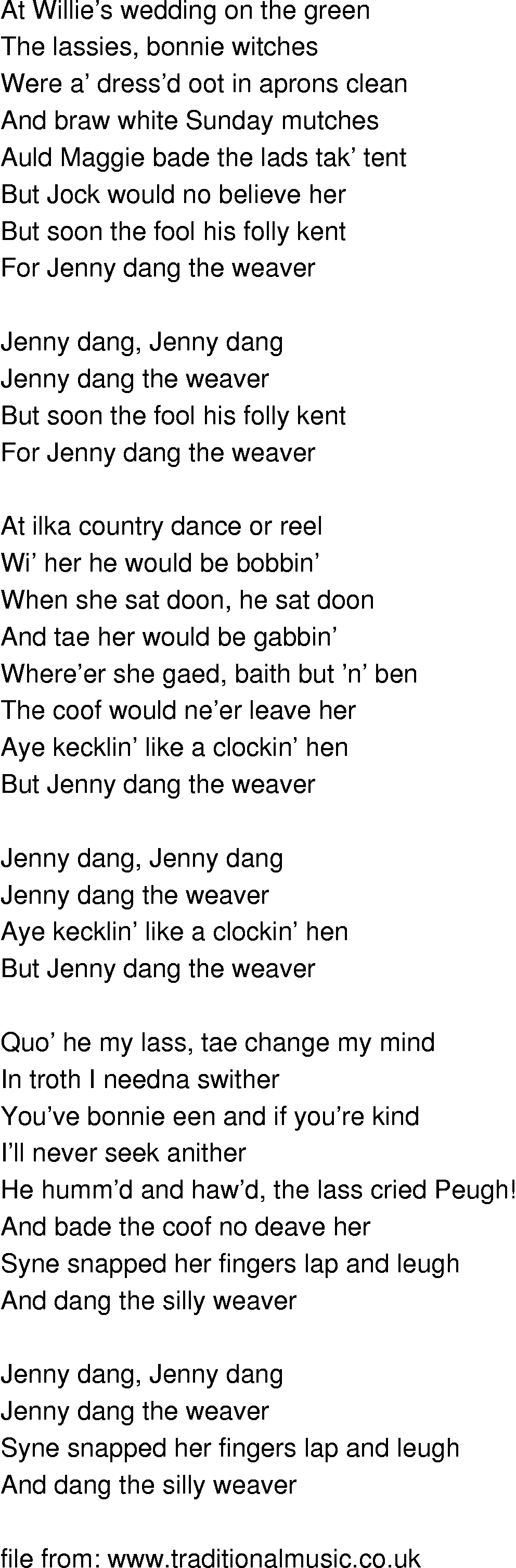 Old-Time (oldtimey) Song Lyrics - jenny dang the weaver