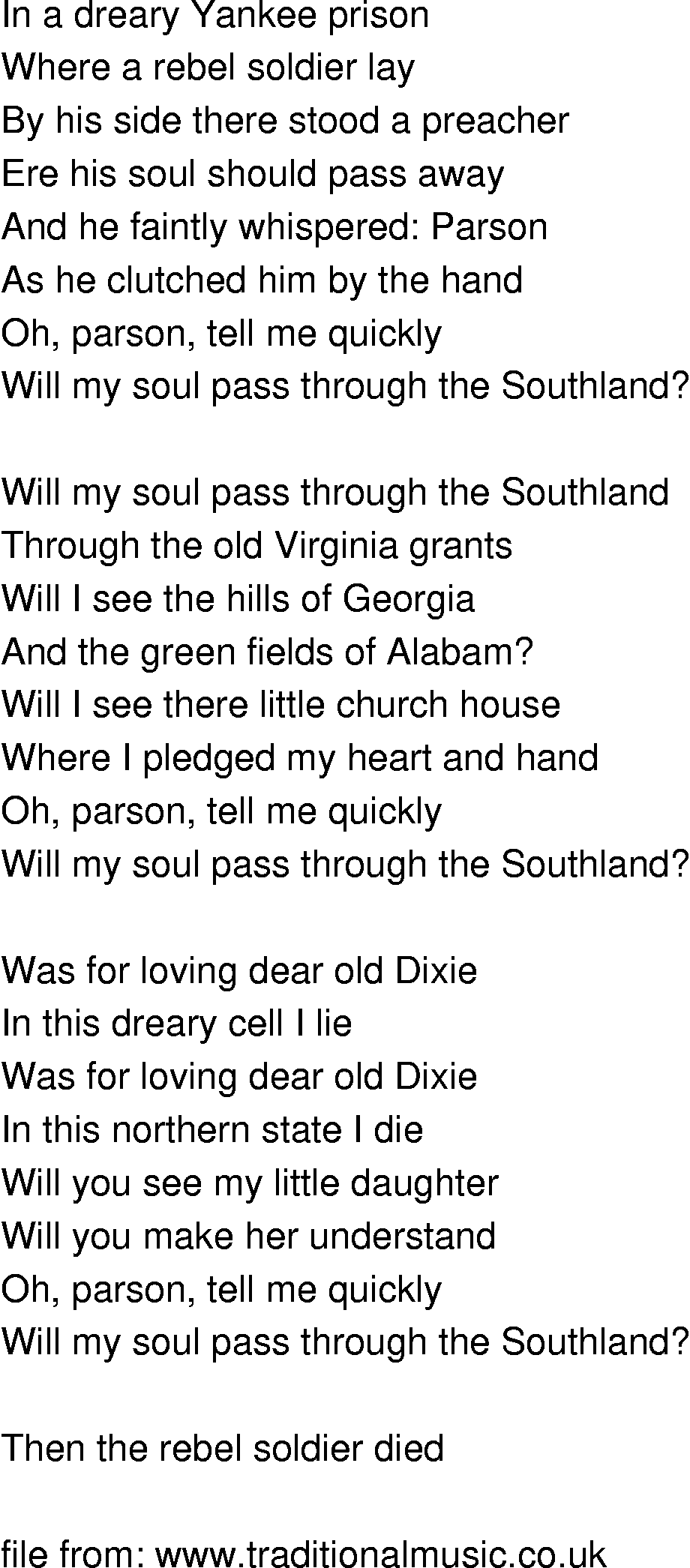 Old-Time (oldtimey) Song Lyrics - legend of the rebel soldier