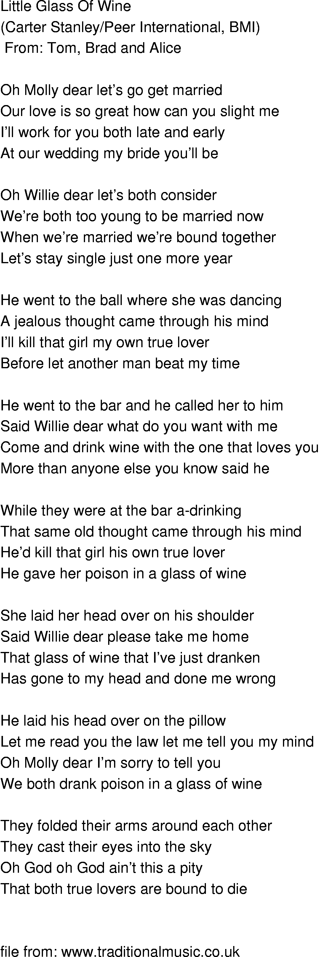 Old-Time (oldtimey) Song Lyrics - little glass of wine